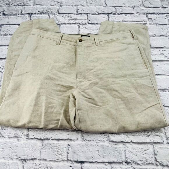 St. Johns Bay Men's Linen-Cotton Blend Straight Pants 40W x 30L Beige High Rise - Picture 2 of 14